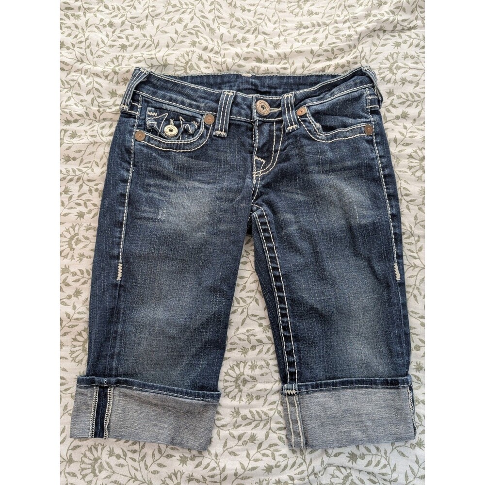 True Religion Bermuda Shorts Size 26 Made in USA Distressed Denim Thick Stitch